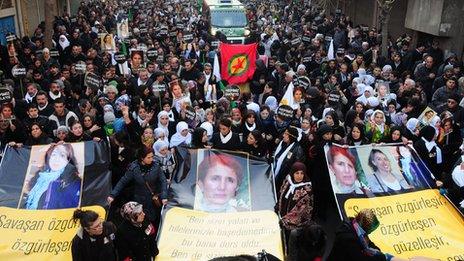 Thousands of Kurds in Diyarbakir carry banners bearing pictures of the three killed PKK activists. Photo: 17 January 2013