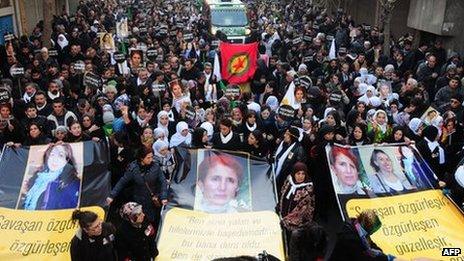 Thousands of Kurds in Diyarbakir carry banners bearing pictures of the three killed PKK activists. Photo: 17 January 2013