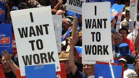 Protesters in Los Angeles holding signs saying "I Want to Work". File photo