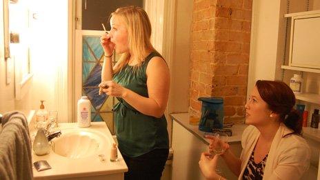 Jillian Rae Greenwood putting her make up on before going out with her friend Sydney in Ottawa, Canada