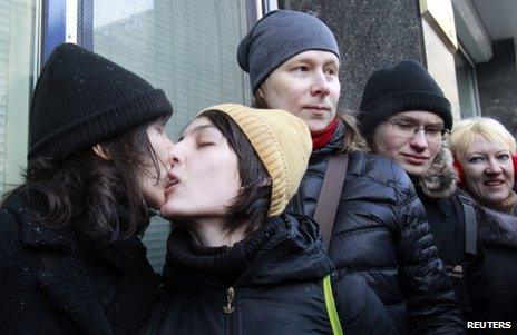 Gay rights activists kiss outside the State Duma in Moscow, 25 January