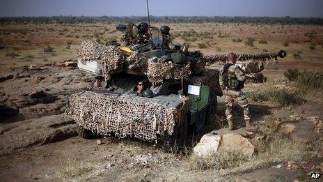 French soldiers man tank at observation post outside Sevare, Mali. 24 Jan 2013