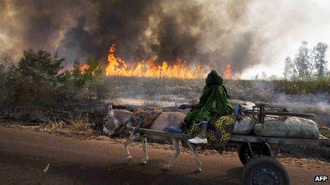 A fire burns fields in the wake of the French-Malian offensive near Diabaly on 23 January 2013