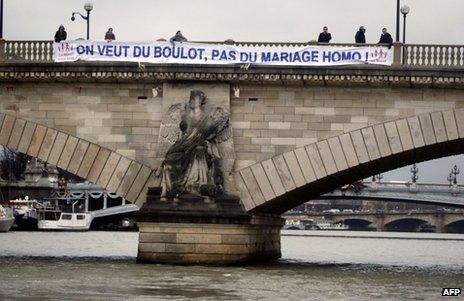 An anti-gay marriage banner on a bridge in Paris, 29 January