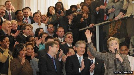 Applauded by staff at the state department, Jan 2009