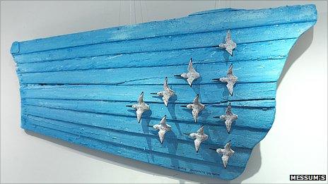 Ten Flying Sanderlings Boat Panels, carved and painted driftwood