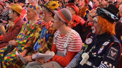 Dozens of clowns attended the church service at Holy Trinity Church in Dalston