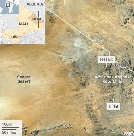 Satellite image showing the location of Tessalit and the Adrar des Ifoghas mountains