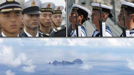Composite image of disputed islands and sailors from the Chinese and Japanese navies