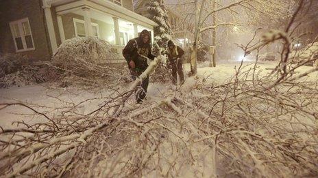 Residents clear a fallen tree from the road in New Bedford, Massachusetts 8 February 2013