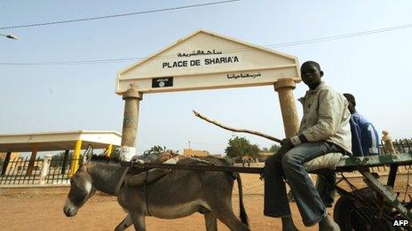 A donkey and cart by the entrance of Sharia Square in Gao, Mali - 31 January 2013