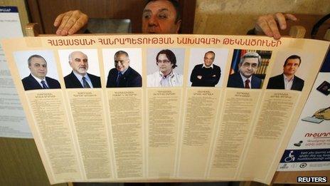 An election commission official puts up a poster with information about the candidates in Armenia's presidential election (17 February 2013)