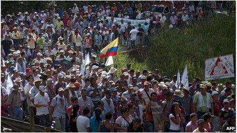 Hundreds of coffee growers march near Medellin, Colombia