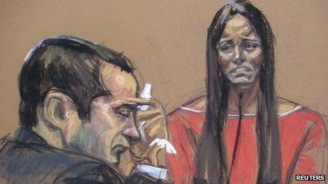 Court sketch of Gilberto Valle during his trial, while his wife, Kathleen Mangan-Valle, testifies against him in New York on 25 February 2013