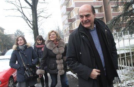 Pier Luigi Bersani voting with his wife and daughters on election day in Piacenza, Italy, 24 February