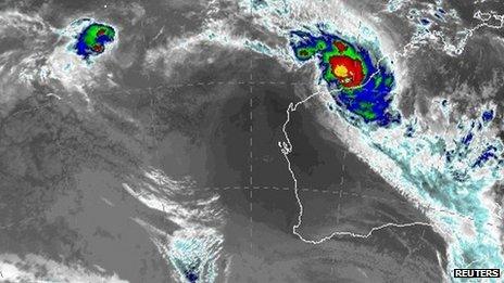 Satellite image showing Cyclone Rusty near the Pilbara region of western Australia