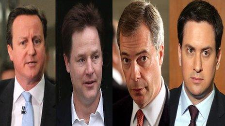 David Cameron, Nick Clegg, Nigel Farage and Ed Miliband