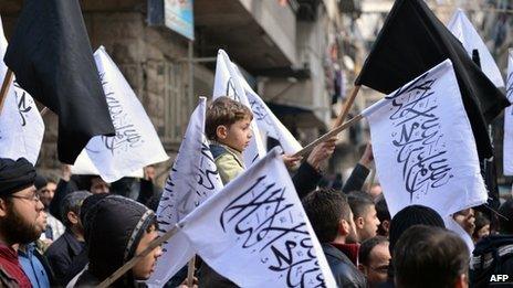 Nusra Front supporters at a protest in Aleppo - 08/02/2013