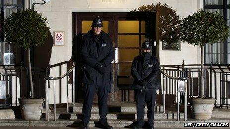Police officers outside the King Edward VII Hospital in London, where the Queen has been admitted