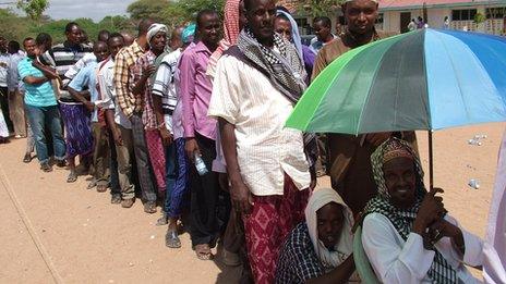 Men queuing to vote in Garissa, Kenya - 4 March 2013 (Photo by BBC's Bashkas Jugsodaay)