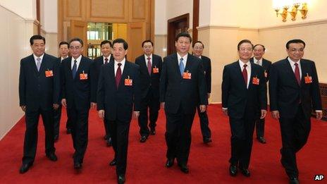 China's new and old leaders at the National People's Congress at the Great Hall of the People in Beijing, 5 March 2013