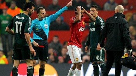 Manchester United's Nani is sent off