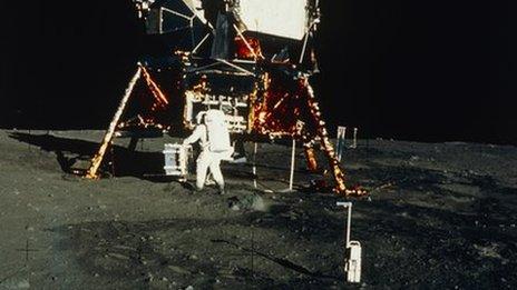 Buzz Aldrin with the lunar landing module in 1969