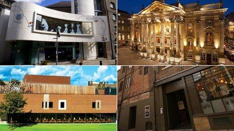 Clockwise from top left: Seven Stories, Theatre Royal, Live Theatre and Northern Stage