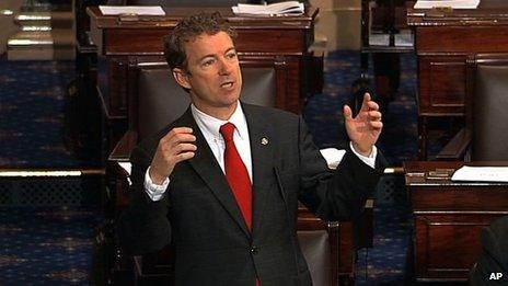 Senator Rand Paul speaking on the floor of the Senate on Capitol Hill in Washington, 6 March 2013