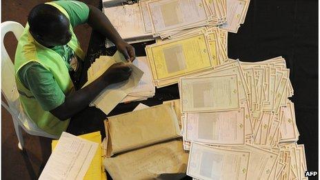 An Independent Electoral and Boundaries Commission (IEBC) officer goes through certificates and tallying forms on March 7,2013 in Nairobi