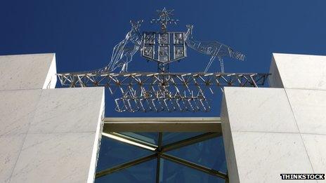 The coat of arms above the entrance to Canberra's Parliament House