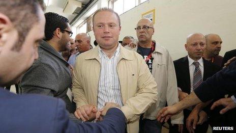 Labour Party leader Joseph Muscat (centre) at the count in Naxxar, near Valletta, 10 March
