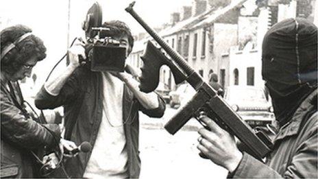 Cameraman Cyril Cave and sound recordist Jim Deeney film the IRA in the Bogside, Derry, 1972