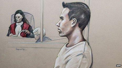 Sketch of Luka Rocco Magnotta as he appears for a preliminary hearing 11 March 2013