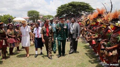 Prince Charles and the Duchess of Cornwall in Port Moresby, Papua New Guinea on 4 November 2012