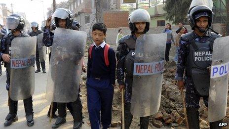 On June 21, 2023, in Kathmandu, Nepal. Members of the Nepal Police