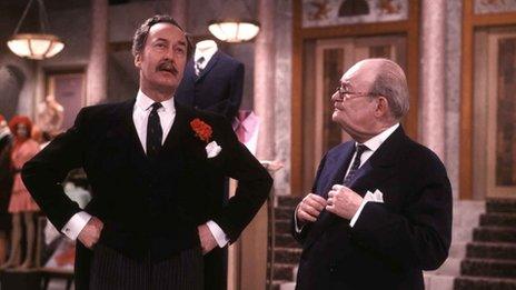 Frank Thornton as Captain Peacock and Arthur Brough as Mr Ernest Grainger in Are You Being Served? in 1973