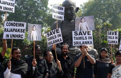 In this photograph taken on March 5, 2013 Dravida Munnetra Kazhagam (DMK) Members of India"s Parliament shout slogans and wave placards during a protest outside Parliament in New Delhi against Sri Lanka"s President Mahinda Rajapaksa as they condemn the killing of Tamils in Sri Lanka.