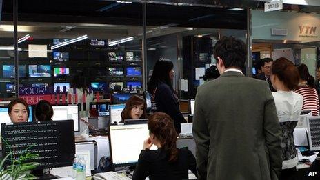 Blank computer screens at YTN broadcaster, Seoul. 20 March 2013