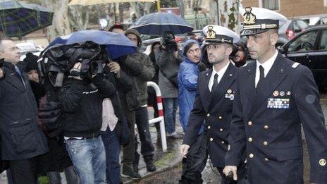 Italian marines Salvatore Girone (left) and Massimiliano Latorre, arrive at a military prosecutor's office in Rome on Wednesday 20 March 2013