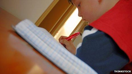 Boy writing in exercise book