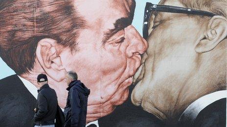 Mural of kiss between Soviet leader Leonid Brezhnev (L) and East German leader Erich Honecker