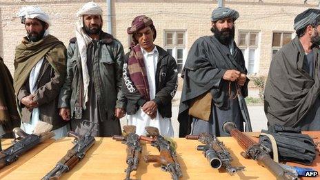 Former Taliban fighters display their weapons after joining Afghan government forces during a ceremony in Herat
