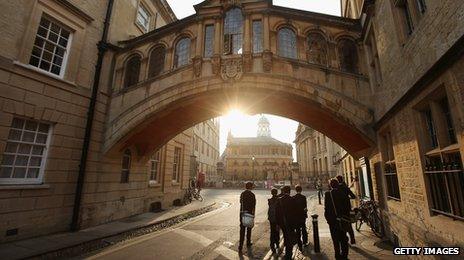 Students walk under the Bridge of Sighs along New College Lane on March 22, 2012 in Oxford, England.
