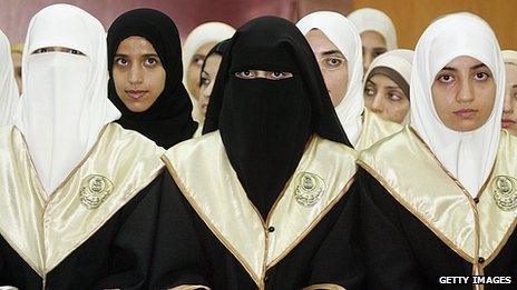 Graduation ceremony of Palestinian engineering students at The Islamic University of Gaza on July 31, 2005. All of the student are women wearing Islamic head scarf. Some of them wear Niqab.