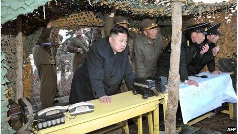 North Korean leader Kim Jong-Un (centre) inspecting landing drills, 25 March 2013
