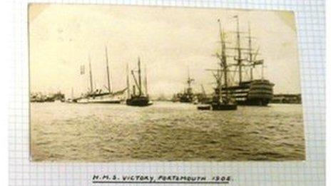 Post card showing the HMS Victory docked in Portsmouth