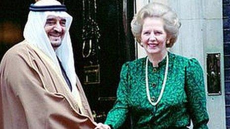 King Fahd of Saudi Arabia shakes hands with Margaret Thatcher - London 25 March 1987