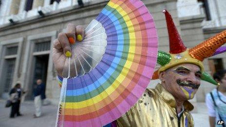 Gay activist outside the Uruguayan Congress