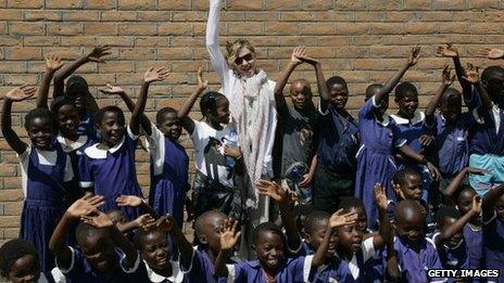 Madonna (C) flanked by her Malawian adopted children on April 2, 2013 at the Mkoko Primary School in Malawi
